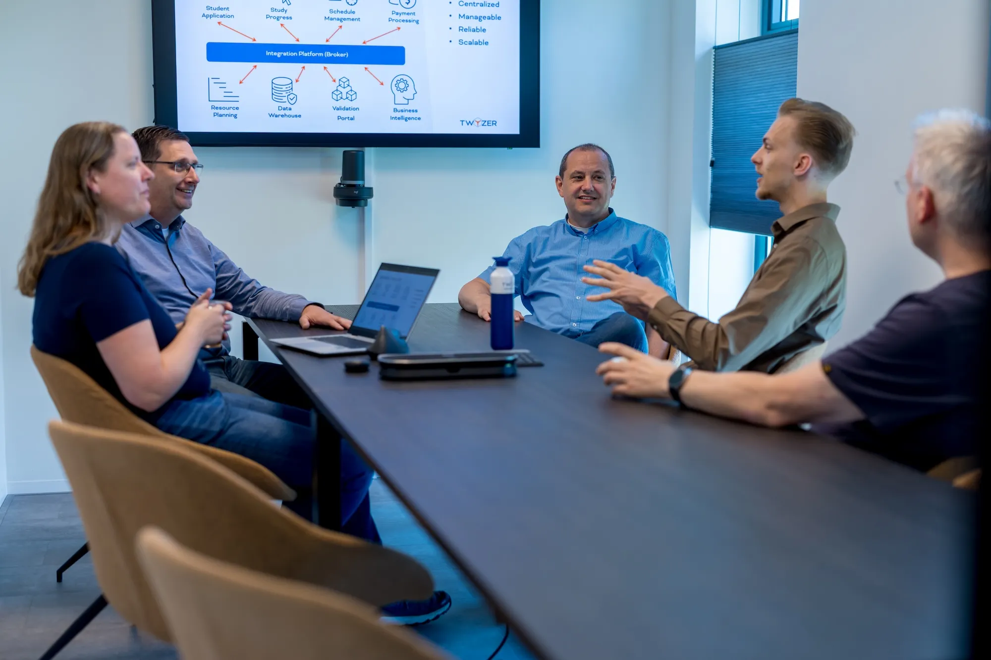 Team besprekt integratieplatform Vijf collega's zitten rond een vergadertafel en bespreken een technisch schema van een integratieplatform op een groot scherm, terwijl een man aan het woord is.